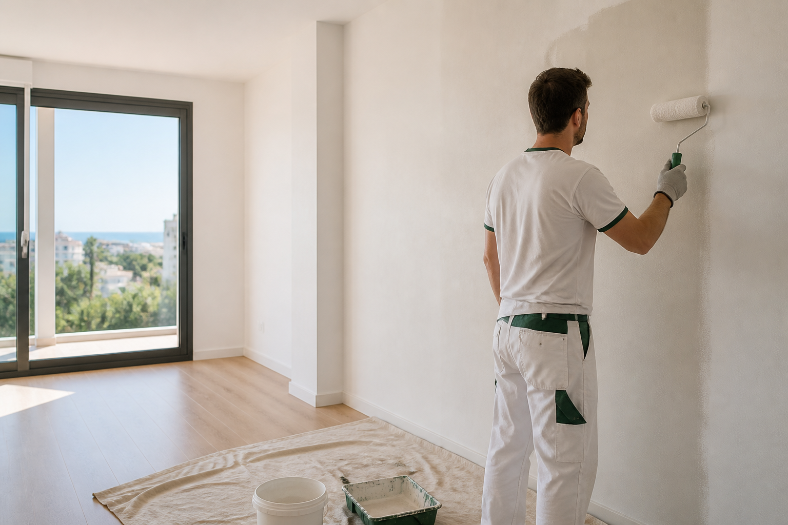 Ilustración fotográfica de un pintor aplicando pintura blanca en un piso luminoso, cuanto cuesta pintar un piso
