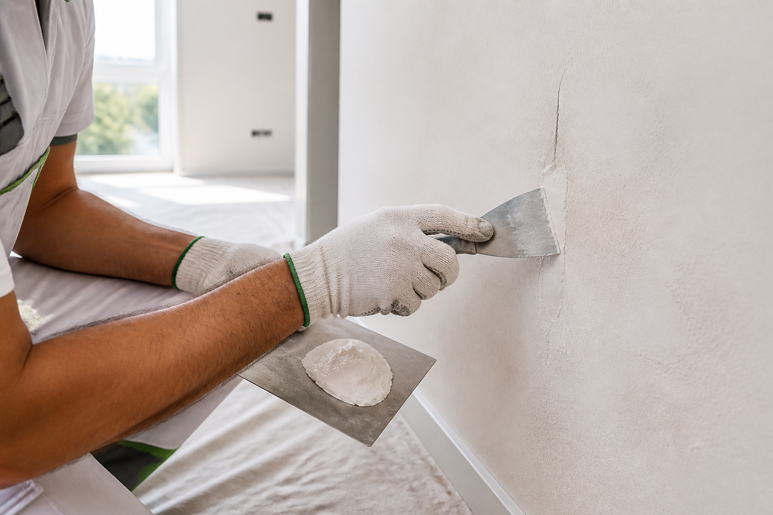 Ilustración fotográfica de la reparación de una grieta antes de pintar una pared